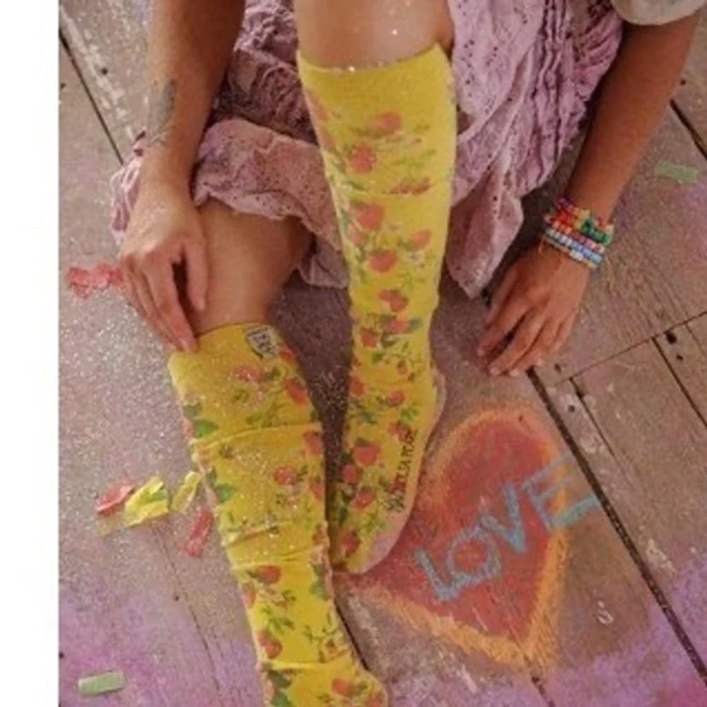 Magnolia Pearl Yellow Strawberry Floral Knee High Socks Slouchy Boho NWT
